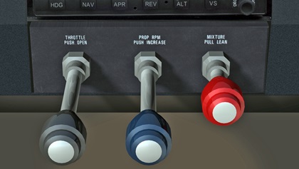 Three engine control levers: throttle, propeller, mixture